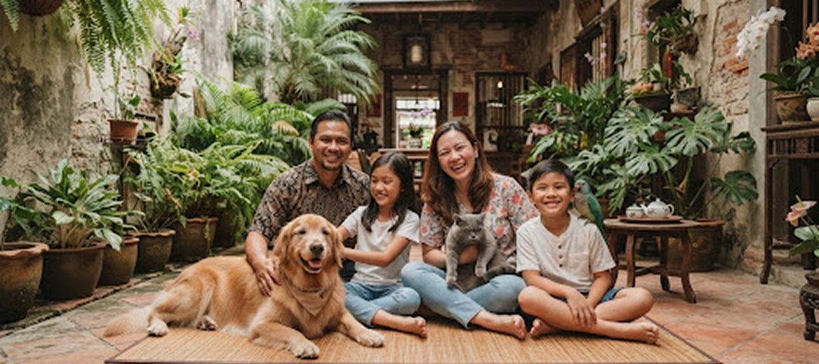 Family with their dog and cat in a heritage courtyard